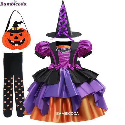 Girls Pumpkin Halloween Costume Dress – Fancy Bat Print Witch Princess Ball Gown for Cosplay, Festival & Party