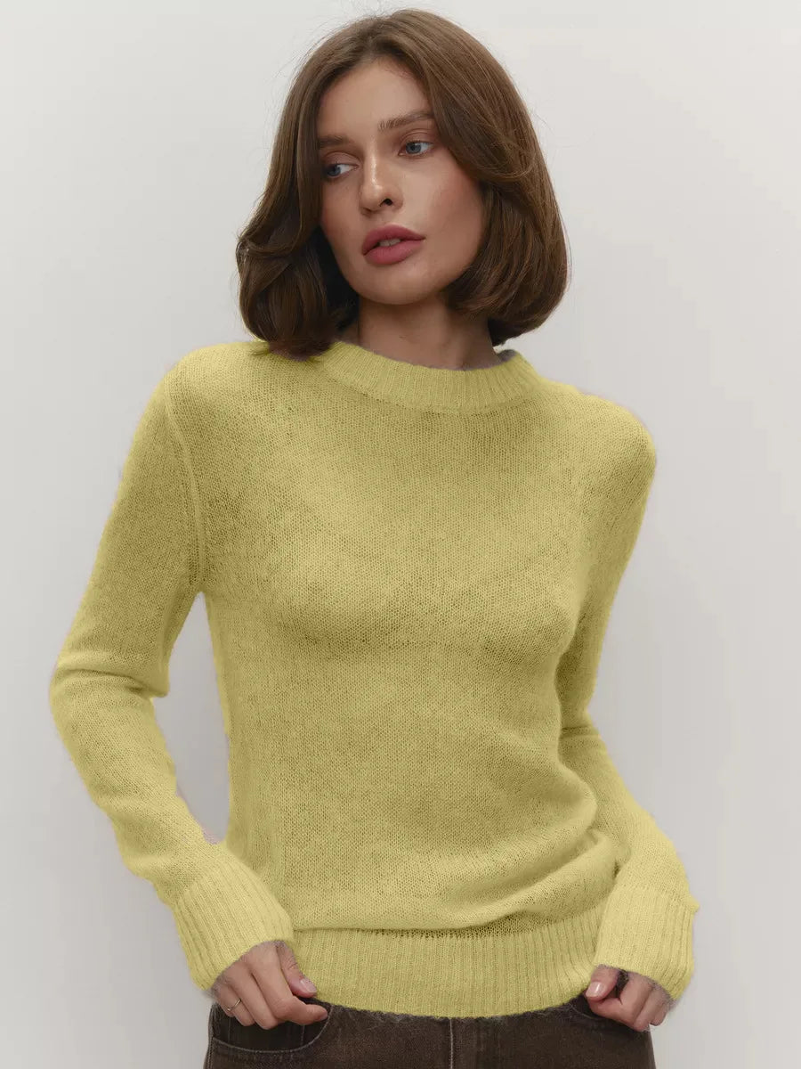 Women’s Classic Mohair Knitted Sweater Top Spring Summer Loose O-Neck Micro Sheer Cool Knit Shirt