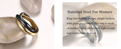Stainless Steel Interlocked Triple Ring – Three-in-One Multi-Color Wedding Band for Women | Stackable Fashion Ring