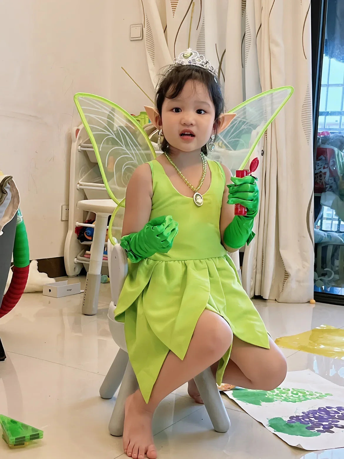 Tinker Bell Fairy Dress for Girls – Fantasy Forest Elf Green Leaf Cosplay Costume for Baby & Kids, Halloween Dress-Up