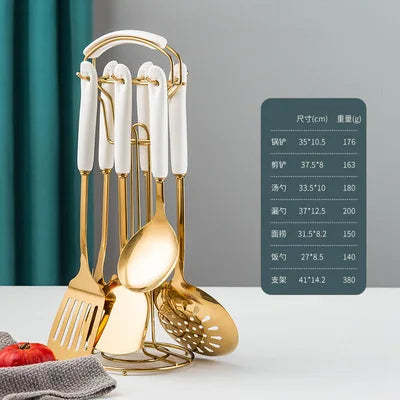 7PCS Stainless Steel Kitchen Utensil Set – Cooking Spatula & Soup Spoon with Ceramic Handles, Nordic Style Kitchenware