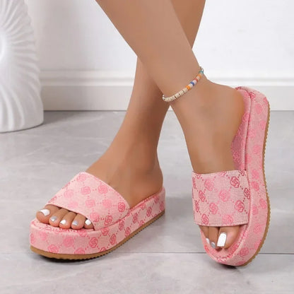 Sandalias de plataforma deslizantes para mujer – Zapatillas de playa planas florales, cómodas zapatillas de verano para exteriores para mujer