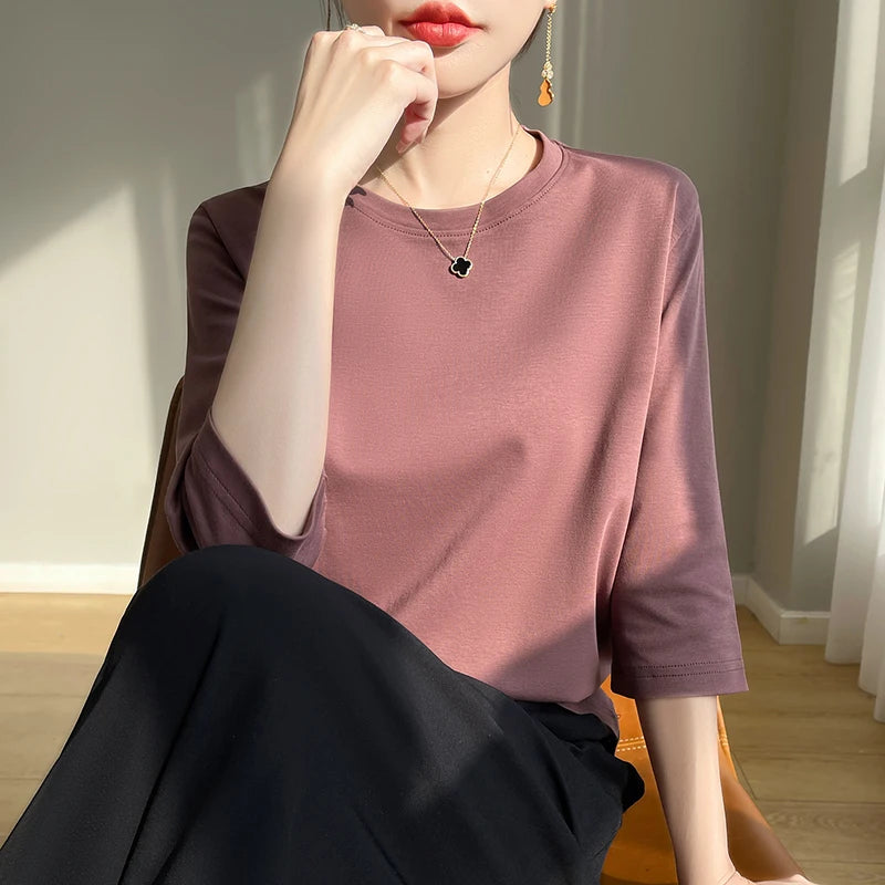 Camiseta de algodón mercerizado para mujer, manga corta, cuello redondo, top básico suave de verano