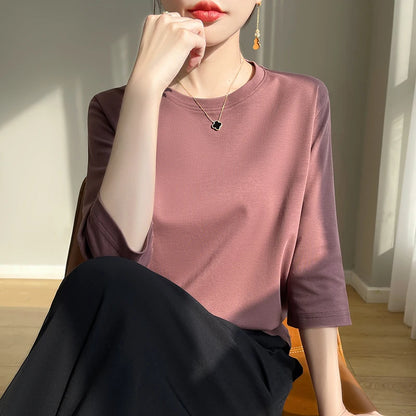 Camiseta de algodón mercerizado para mujer, manga corta, cuello redondo, top básico suave de verano