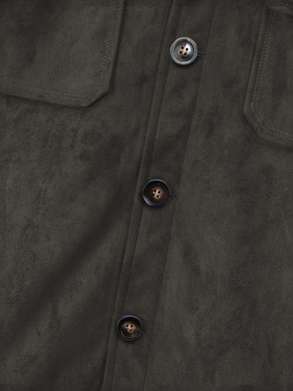 Men’s Vintage Brown Faux Suede Jacket – Stand Collar Button-Up Coat with Chest Pockets, Slim-Fit Casual Streetwear Outerwear