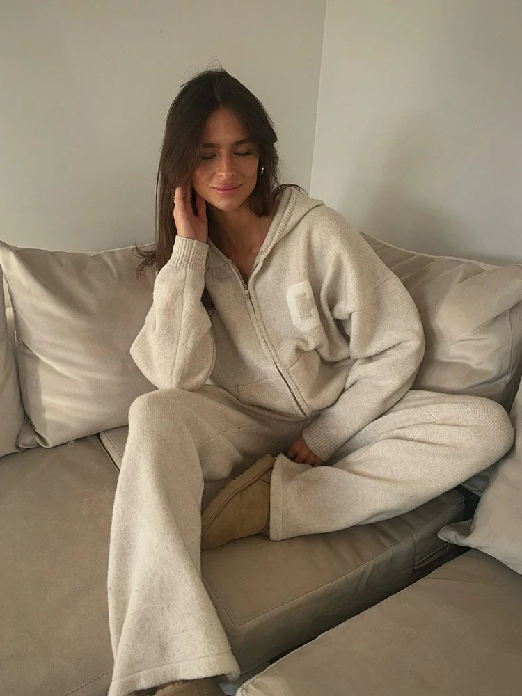 Women’s Hooded Knit Tracksuit 2-Piece Set – Casual Knitted Jacket & Pants Trousers, Cozy Two-Piece Outfit for Everyday Wear