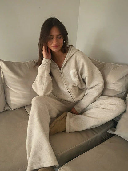 Women’s Hooded Knit Tracksuit 2-Piece Set – Casual Knitted Jacket & Pants Trousers, Cozy Two-Piece Outfit for Everyday Wear