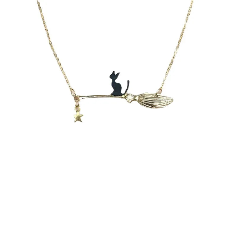 Funny Cat Riding Broom Necklace for Women – Creative Personalized Pendant Choker Chain, Halloween Jewelry & Friend Gift Accessory