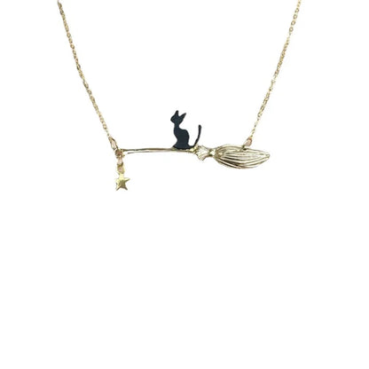 Funny Cat Riding Broom Necklace for Women – Creative Personalized Pendant Choker Chain, Halloween Jewelry & Friend Gift Accessory