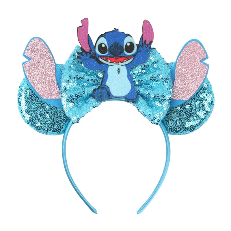 Diadema de orejas de Mickey Mouse de Lilo & Stitch – Lazo de lentejuelas de 5" Accesorio para el cabello de dibujos animados para mujeres y niñas | Diadema para fiestas y festivales