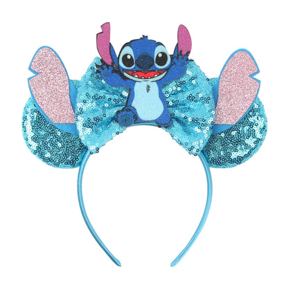 Diadema de orejas de Mickey Mouse de Lilo & Stitch – Lazo de lentejuelas de 5" Accesorio para el cabello de dibujos animados para mujeres y niñas | Diadema para fiestas y festivales