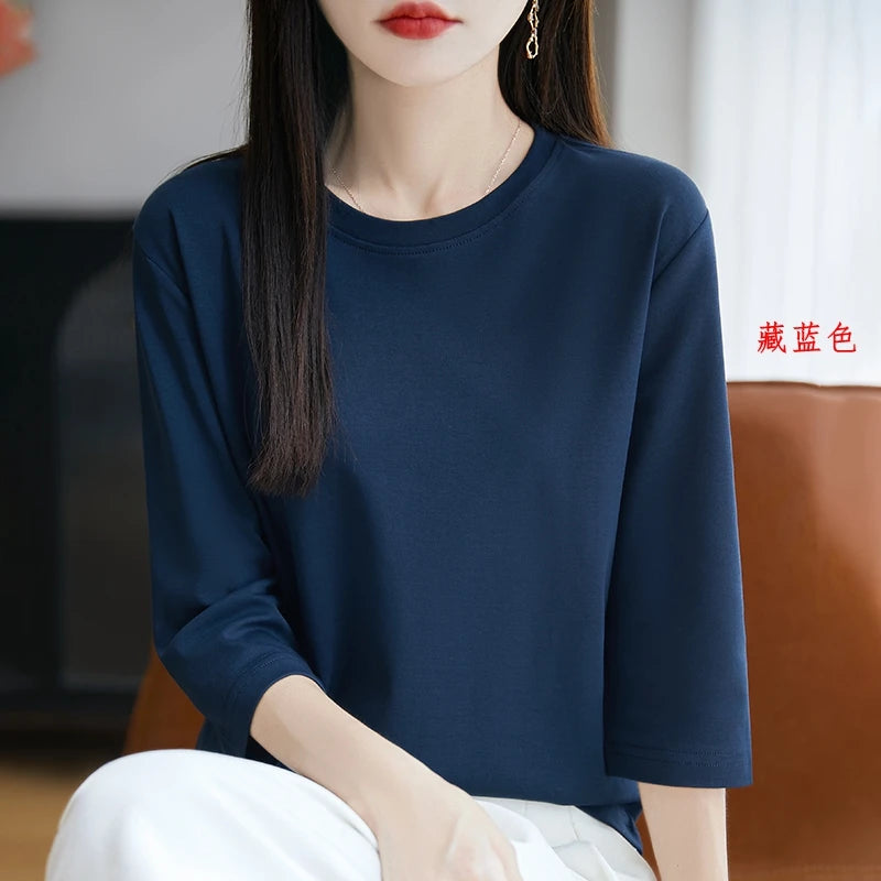 Camiseta de algodón mercerizado para mujer, manga corta, cuello redondo, top básico suave de verano