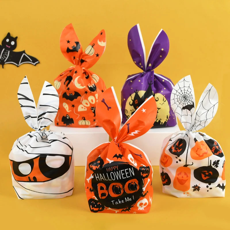 25/50PCS Halloween Candy Bags – Rabbit Ear Pumpkin Plastic Treat Bags for Candy, Cookies & Desserts, DIY Packaging for Kids’ Halloween Parties
