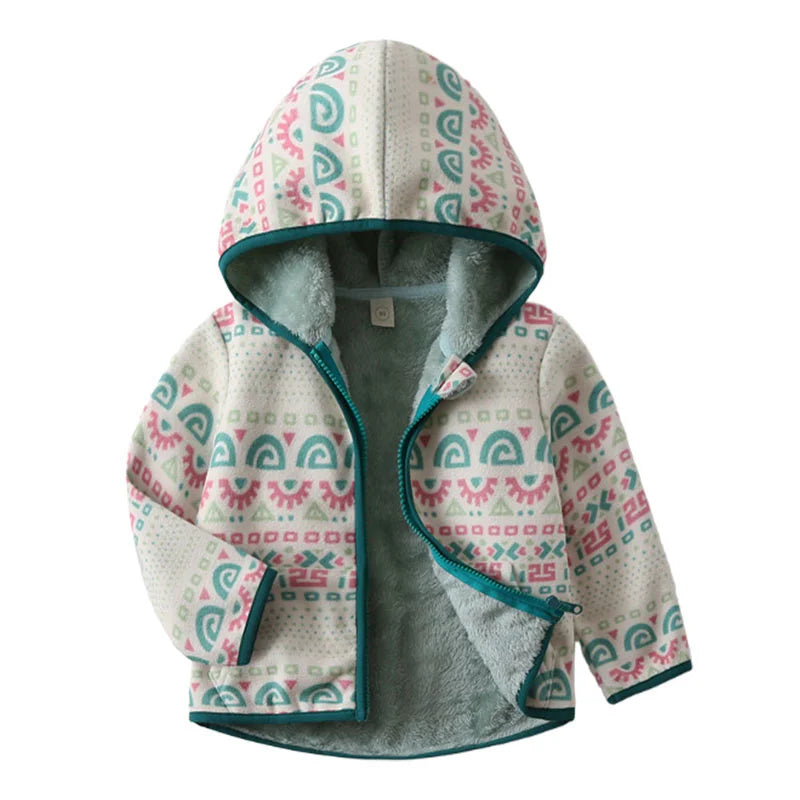 Kids Cartoon Print Fleece Jacket, Long Sleeve Warm Coat for Baby Boys and Girls, Soft Autumn Winter Outerwear for Children