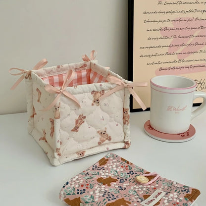 Cute Quilted Lace Storage Basket – Korean Desktop Organizer Bin for Cosmetics, Toys, Sundries & Home Décor