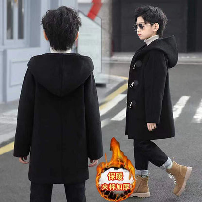 Boys Winter Wool Coat with Hood, Warm Cotton-Padded Single-Breasted Jacket, Solid Color Children’s Fashion Parka and Cold Weather Outerwear