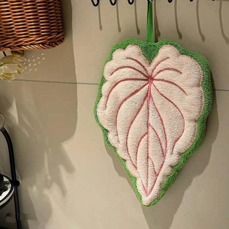 Essuie-mains Feuille – Serviette suspendue douce et absorbante pour la salle de bain et la cuisine, Gant de toilette décoratif, Serviette mouchoir à séchage rapide, Accessoire de nettoyage pour la maison