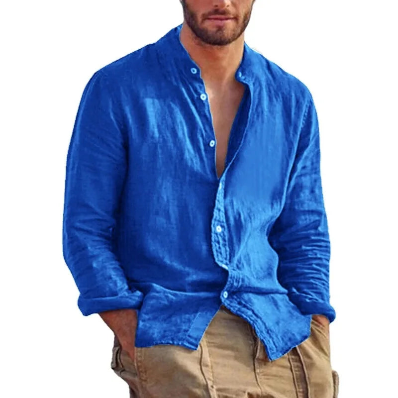 Men's Linen Long Sleeve Shirt – Stand Collar Casual Top, Lightweight Breathable Solid Color Hawaiian Style Shirt