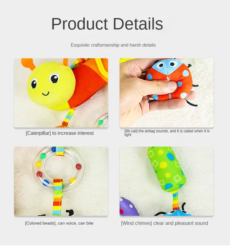 Peluche de actividades "Bebé Arcoíris" – Juguete sensorial colgante para cochecito para 0-12 meses, juguete móvil para asiento de coche y cuna, juguete de viaje suave y educativo para el desarrollo y juego del recién nacido.