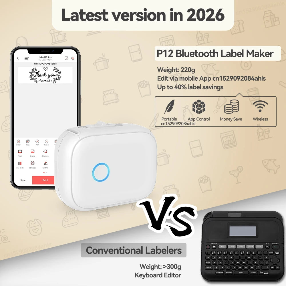 Mini impresora térmica Marklife P12 – Máquina etiquetadora portátil, impresora de pegatinas adhesivas con cinta de etiquetas continua, dispositivo de etiquetado de bolsillo Bluetooth para el hogar, la oficina y la organización