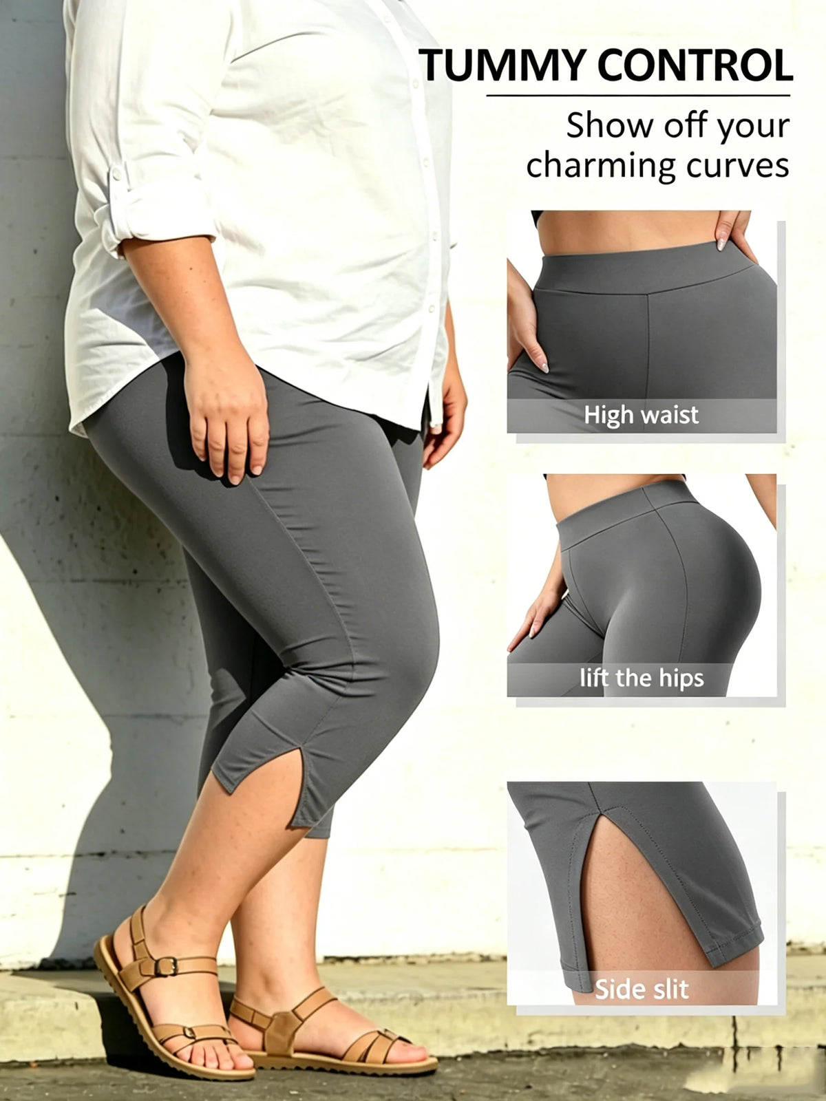 Women's Plus Size Capri Leggings XL-5XL – High-Waist Stretch Yoga & Workout Pants with Split Hem, Comfortable Cropped Activewear