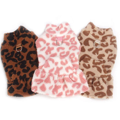 Leopard Print Dog Dress – Warm Fleece Hooded Pullover Coat & Sleeveless Vest for Small Dogs, Cozy Winter Puppy Clothing for Chihuahuas