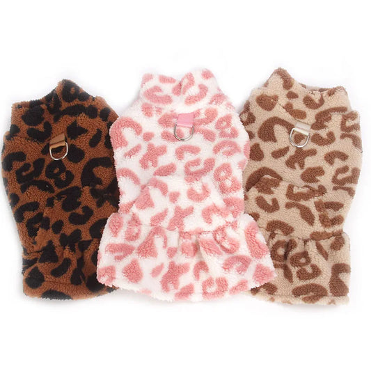 Leopard Print Dog Dress – Warm Fleece Hooded Pullover Coat & Sleeveless Vest for Small Dogs, Cozy Winter Puppy Clothing for Chihuahuas