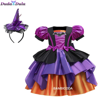 Girls Pumpkin Halloween Costume Dress – Fancy Bat Print Witch Princess Ball Gown for Cosplay, Festival & Party