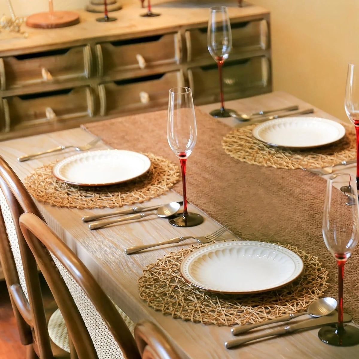 12–48PCS 15-Inch Round Paper Braided Placemats – Boho Woven Table Mats for Dining Table, Wedding, Party & Home Decor