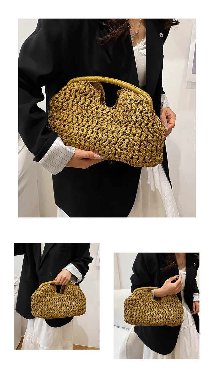 Bolso de playa de lujo de paja tejida para mujer - Bolso de mano de ratán de moda, Bolso de mano de verano para viajes, vacaciones, compras y salidas casuales, Bolso tejido a mano inspirado en el diseñador