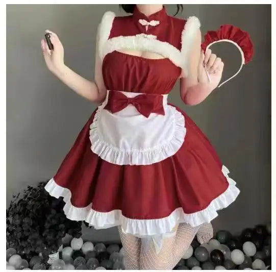 Women's Sexy Christmas Lolita Santa Costume, Red and White Short Skirt Dress, Elegant Santa Claus Cosplay Outfit for Christmas Parties, Holiday Events and Roleplay Garment