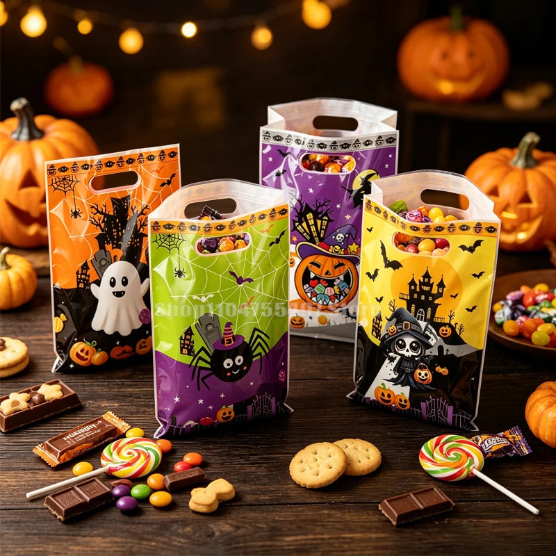 10-100PCS Halloween Candy Bags for Kids, PVC Trick or Treat Snack and Cookie Handbags, Ghost and Spider Print Gift Pouches, Halloween Party Favors and Goodie Bag Storage