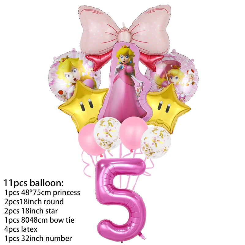 Princess Peach Party Supplies Set – Cartoon Anime-Themed Tableware, Balloons & Decorations for Children's Birthdays & Baby Showers