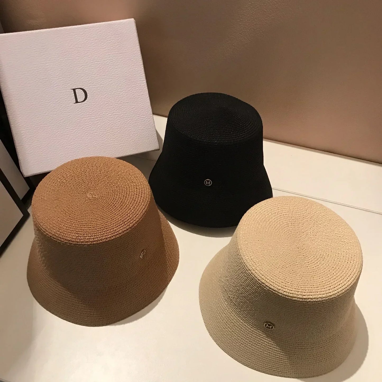 Japanese Designer M Straw Woven Summer Sun Hat for Women Casual Travel Panama Bucket Hat Sunscreen Slim-Face Luxury