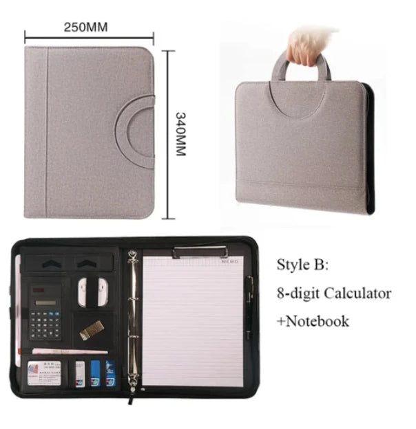 A4 PU Leather Zipper Portfolio Folder – Portable Conference File Organizer with Calculator Holder, Tablet Compartment & Handle