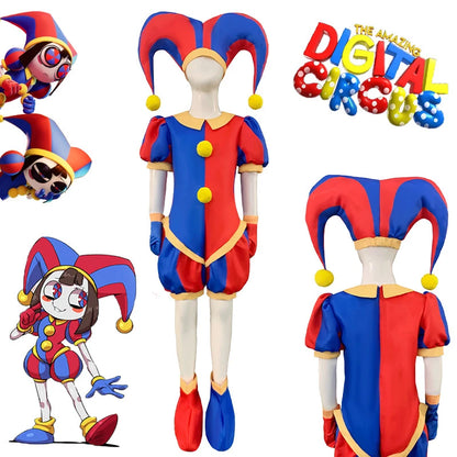 Pomni Digital Circus Cosplay Costume – Christmas Cartoon Jumpsuit with Hat for Kids, Theater Performance, Carnival & Party Outfit