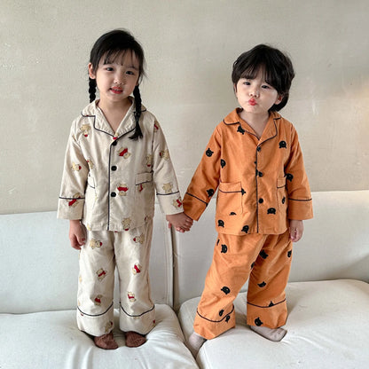 Cartoon Bear Kids Pajama Set – Soft Cotton Two-Piece Sleepwear for Boys & Girls, Comfortable Spring & Autumn Home Clothing