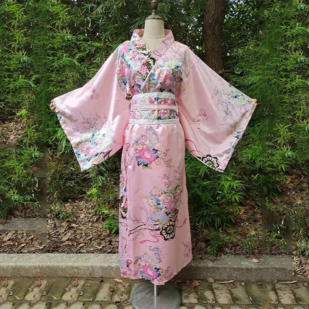 Japanese Kimono Cosplay Costume – Floral Sakura Printed Dress, Traditional Asian Style Kimono Outfit for Women Halloween & Party Wear