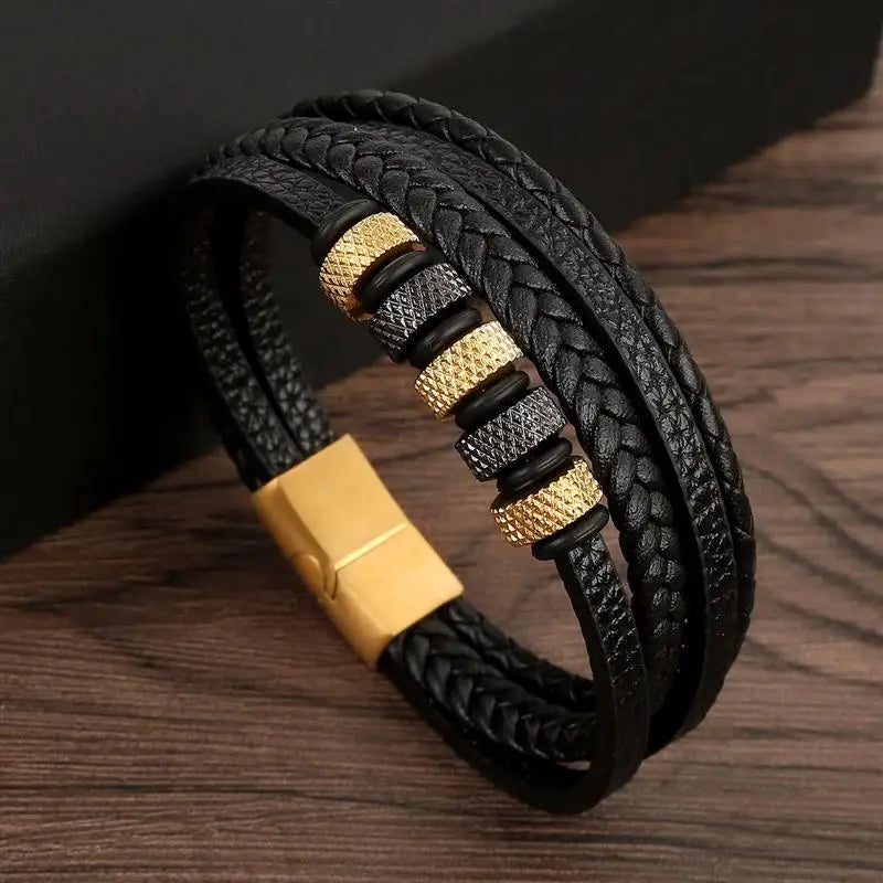 Pulsera de cuero clásica para hombre – Pulsera multicapa tejida a mano para hombre | Accesorio de joyería de moda casual, regalo