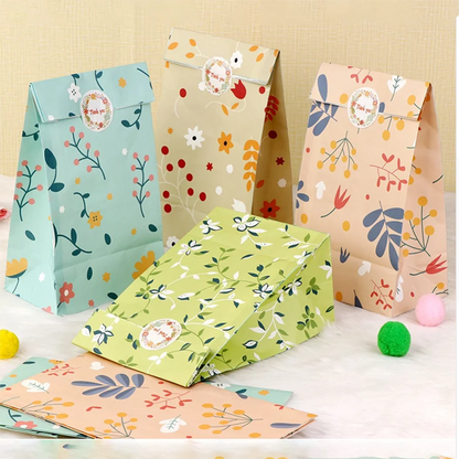 12/24PCS Plant Pattern Kraft Paper Gift Bags with Stickers for Candy, Cookies, Bakery Treats & Gift Packaging