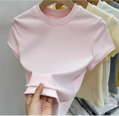 Zjaiss 2026 T-shirt col rond mode été sexy basique uni à manches courtes pour femme style coréen décontracté streetwear