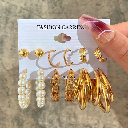 Boucles d'oreilles créoles dorées grand cercle pour femmes, ensemble bohème vintage, perle, cœur, zircon, clous, bijoux cadeau