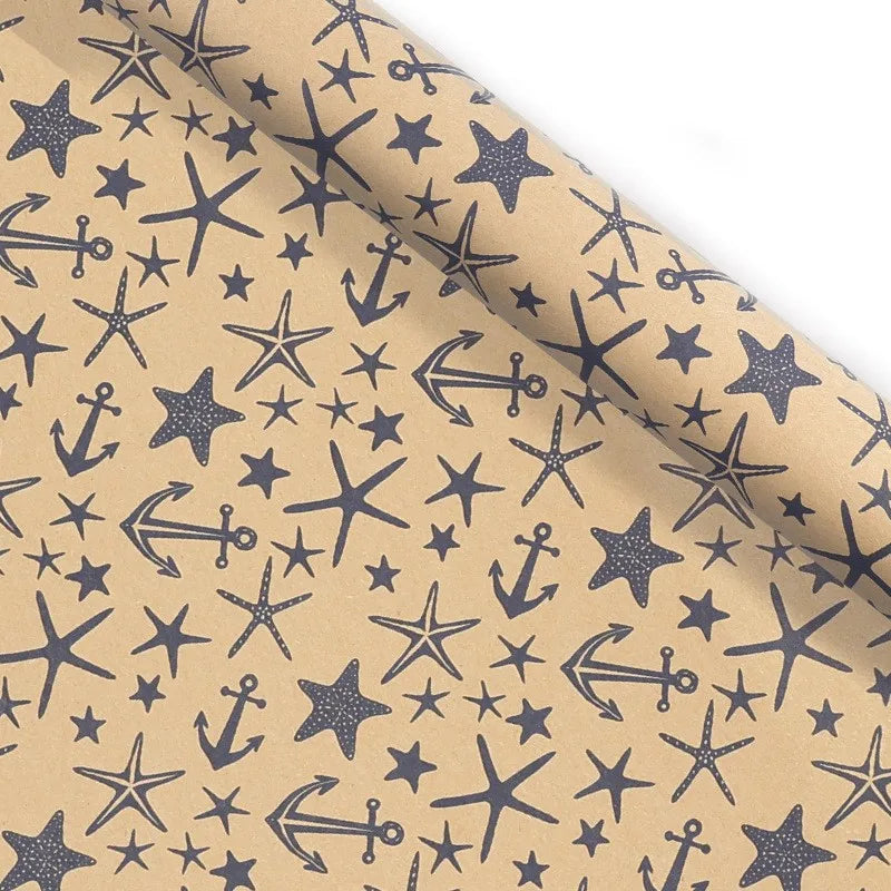 70×50CM Retro Blue Wave Gift Wrapping Paper – Grid & Sea Star Pattern Bouquet Packaging Paper for Men, Birthday Gifts & DIY Crafts