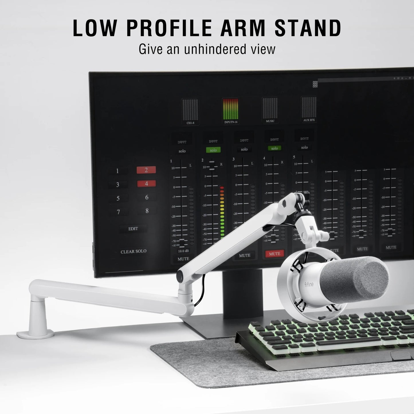 FIFINE BM88W Low-Profile Microphone Boom Arm – Adjustable Desk Mount Mic Arm with Built-In Cable Management for Streaming, Gaming & Podcasting (White)