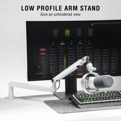 FIFINE BM88W Low-Profile Microphone Boom Arm – Adjustable Desk Mount Mic Arm with Built-In Cable Management for Streaming, Gaming & Podcasting (White)