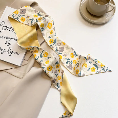 Khaki Nude Silk Scarf Hair Band – Vintage Satin Ribbon Bow Hair Accessory for Women | Elegant Fashion Hair Tie