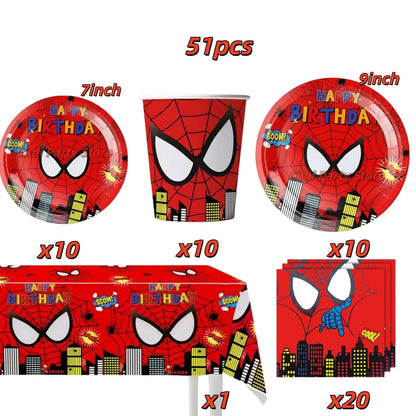 Spider Hero Birthday Party Supplies Set – Kids' Party Tableware Kit with Plates, Cups, Tablecloth, Backdrop, Balloons & Decorations