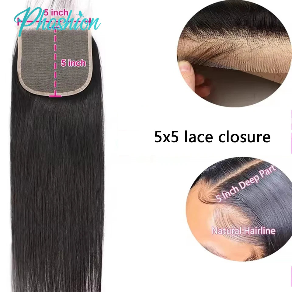 Cierre de Encaje Liso Phashion de 24/26 Pulgadas – Cierre de Encaje Suizo Transparente Pre-Arrancado de 5x5 y 4x4 | Extensión de Cabello Humano 100% Remy