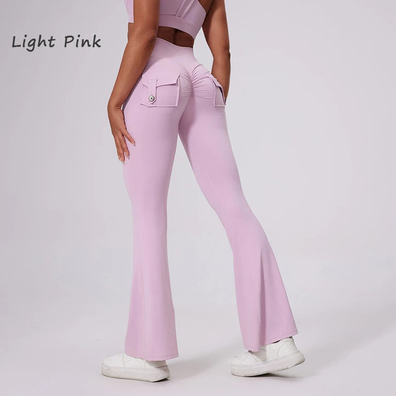 DIAS FIT JOY Pantalon de yoga évasé taille haute pour femme – Legging patte d'éléphant push-up avec poches, pantalon d'entraînement à séchage rapide pour la course, la gym, le fitness et l'exercice