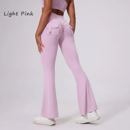DIAS FIT JOY Pantalon de yoga évasé taille haute pour femme – Legging patte d'éléphant push-up avec poches, pantalon d'entraînement à séchage rapide pour la course, la gym, le fitness et l'exercice